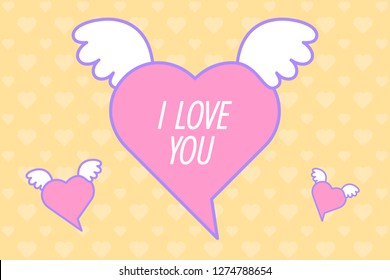 The speech bubble with "I love you" phrase. The heart-shaped text clouds with cupid wings on a yellow pattern background. Flat line holiday illustration for the Valentine's Day. Vector greeting card.