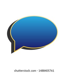 Speech bubble icon. Blue icon with gold contour with dark gray shadow at white background. Illustration.