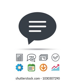 Speech bubble icon. Chat symbol. Statistics chart, chat speech bubble and contacts signs. Check web icon. Vector
