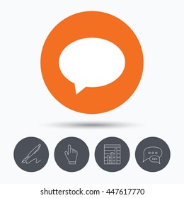 Speech bubble icon. Chat symbol. Speech bubbles. Pen, hand click and chart. Orange circle button with icon. Vector
