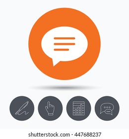 Speech bubble icon. Chat symbol. Speech bubbles. Pen, hand click and chart. Orange circle button with icon. Vector