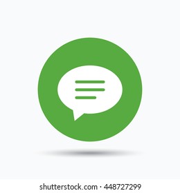 Speech bubble icon. Chat symbol. Flat web button with icon on white background. Green round pressbutton with shadow. Vector
