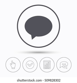 Speech bubble icon. Chat symbol. Chat speech bubbles. Check tick, report chart and hand click. Linear icons. Vector