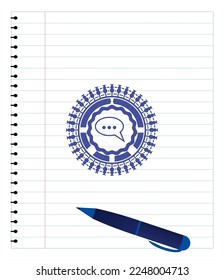 speech bubble icon drawn with pen strokes. Blue ink. Vector Illustration. Detailed. 