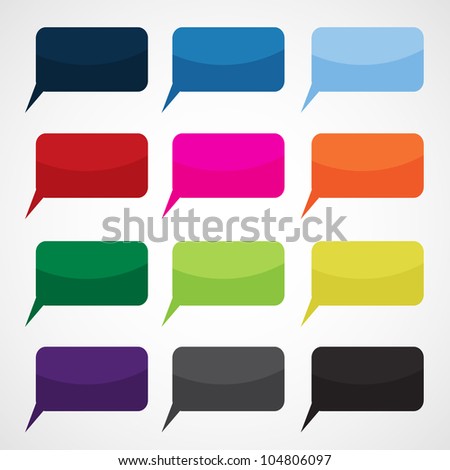 Speech Bubble Icon Grid – 15 Colorful Rectangular Dialog Shapes with Tail on Light Background. A vibrant icon set featuring 15 rectangular speech bubbles arranged in a 3×5 grid. Each bubble includes a pointed tail on the bottom left and is filled with a solid color, including various shades of blue, red, pink, orange, green, yellow, purple, and black. The light gradient background enhances the visibility of each bubble. This design is ideal for use in communication graphics, messaging interfaces, comic-style layouts, and educational materials. Suitable for both editorial and commercial use across print and digital platforms.