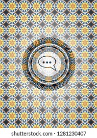 speech bubble icon inside arabic style emblem. Arabesque decoration.