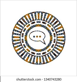 speech bubble icon inside arabic style badge. Arabesque decoration.