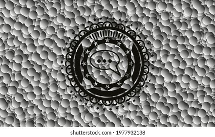 speech bubble icon inside black emblem with grey bubbles background. Vintage. Vector Illustration. Detailed. 