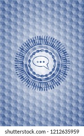 speech bubble icon inside blue emblem or badge with abstract geometric pattern background.