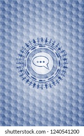 speech bubble icon inside blue emblem or badge with geometric pattern background.