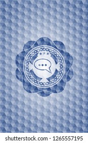 speech bubble icon inside blue badge with geometric background.