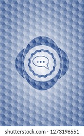 speech bubble icon inside blue emblem with geometric pattern.