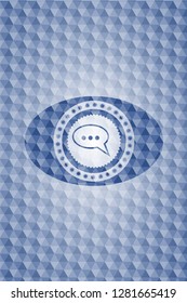 speech bubble icon inside blue emblem with geometric pattern.