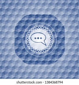 speech bubble icon inside blue badge with geometric background.