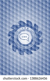speech bubble icon inside blue emblem or badge with abstract geometric polygonal pattern background.