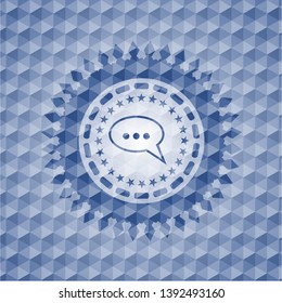 speech bubble icon inside blue badge with geometric background.