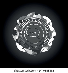 speech bubble icon inside grey camo emblem