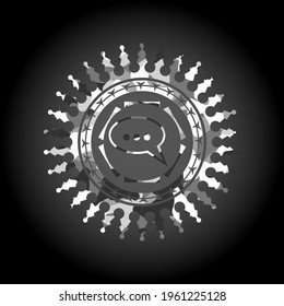 speech bubble icon inside grey camo texture. 