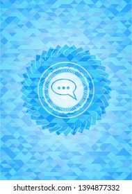 speech bubble icon inside light blue emblem. Mosaic background