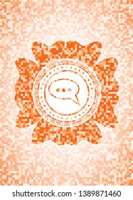 speech bubble icon inside orange tile background illustration. Square geometric mosaic seamless pattern with emblem inside.