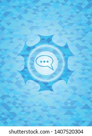 speech bubble icon inside realistic sky blue emblem. Mosaic background