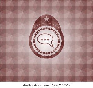 speech bubble icon inside red seamless geometric emblem.
