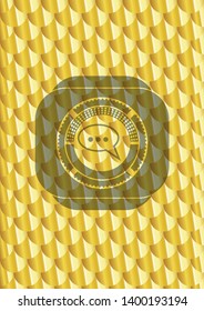 speech bubble icon inside shiny golden badge. Scales pattern. Vector Illustration. Detailed.