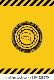 speech bubble icon inside warning sign, black grunge emblem. Vector Illustration. Detailed.
