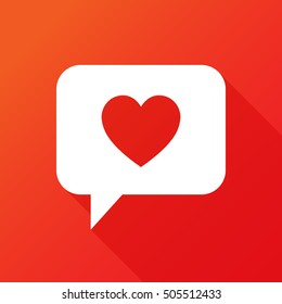 Speech bubble icon with love symbol. Flat icon with long shadow on red background