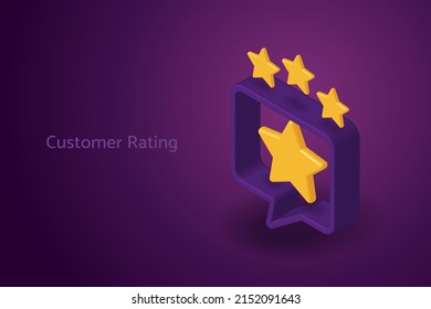 Speech bubble icon with one big star and three small stars rating a review or rating customer rating feedback. 3D isometric vector illustration.