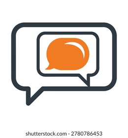 Speech bubble icon with orange and black outline on white background icon