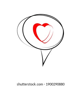Icono de la burbuja del habla con corazón rojo. Elementos de doodle dibujados a mano. Fondo blanco. Vector 10