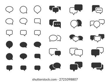 Conjunto de iconos de burbuja de voz. Línea de colección de la burbuja de voz y estilos de glifo. Globos de diálogo, cuadros de texto, marcos de comillas, etiquetas de conversación, etiquetas de pensamientos. Ilustración vectorial.