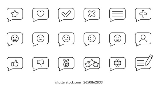Speech Bubble Icon Set. Communication, Feedback, And Social Interaction Outline Symbol Collection. Includes Emoticons, Ratings Elements. Editable Stroke. Isolated Vector Illustration.