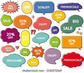 Speech bubble icon set . Letters are written in speech bubbles.Sale announcement tag.