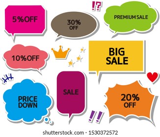 Speech bubble icon set . Letters are written in speech bubbles.Sale announcement tag.