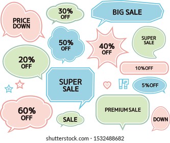 Speech bubble icon set . Letters are written in speech bubbles.Sale announcement tag.