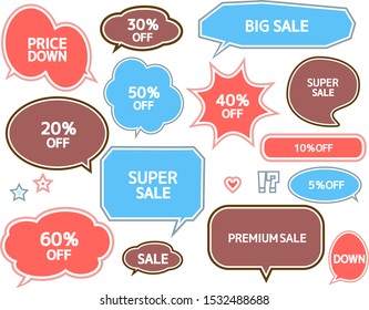 Speech bubble icon set . Letters are written in speech bubbles.Sale announcement tag.