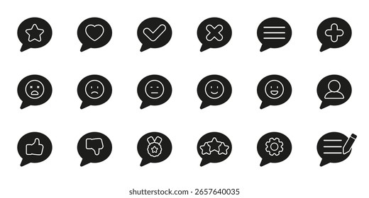 Ícone De Bolha De Fala Definido Com Vários Símbolos. Coleção De Ícones De Silhueta De Comunicação, Comentários E Interação. Inclui Emoticons, Classificações E Interface Do Usuário. Ilustração de vetor isolada.