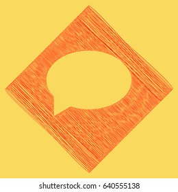 Speech bubble icon. Vector. Red scribble icon obtained as a result of subtraction rhomb and path. Royal yellow background.
