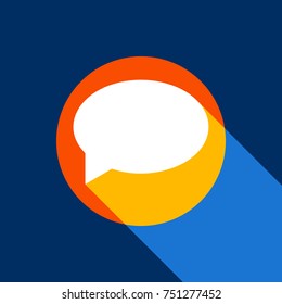 Speech bubble icon. Vector. White icon on tangelo circle with infinite shadow of light at cool black background. Selective yellow and bright navy blue are produced.
