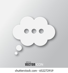 Speech bubble icon in white style with shadow isolated on grey background. For your design, logo. Vector illustration.