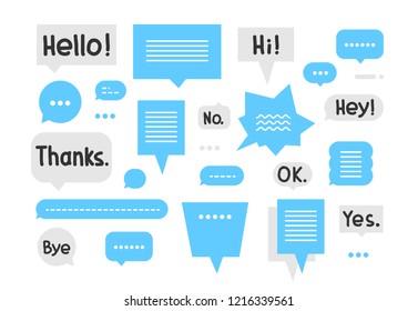 Speech bubble icons in blue, gray, white. Simple universal set with handwritten short phrases hey, hi, bye, ok, thanks, yes, no, hello