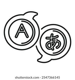 Speech bubble icons featuring english and japanese characters representing intercultural communication and language learning