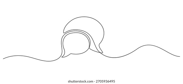Speech Bubble Icons one line art drawing,Minimalist abstract line art of two speech bubbles connected by a wavy line representing communication and conversation,