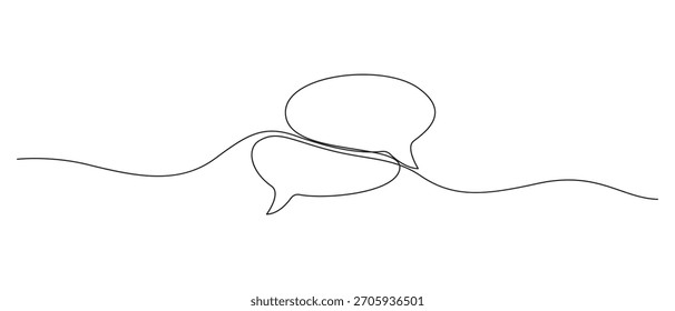Speech Bubble Icons one line art drawing,Minimalist abstract line art of two speech bubbles connected by a wavy line representing communication and conversation,