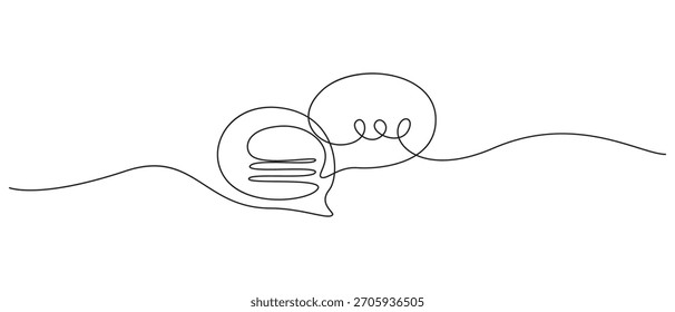 Speech Bubble Icons one line art drawing,Minimalist abstract line art of two speech bubbles connected by a wavy line representing communication and conversation,