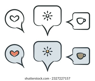 Speech Bubble icons set. Hand drawn frames cartoon style design, doodle brush stroke line, outline isolated elements, colorful images. Vector illustration. Weekend concept