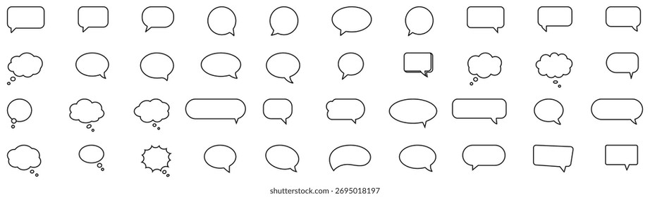 Speech bubble icons set showing chat, talk and message shapes in outline style for communication, comments and dialog interface elements.