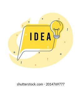 Speech bubble with idea light bulb symbol. Flat vector text sign isolated